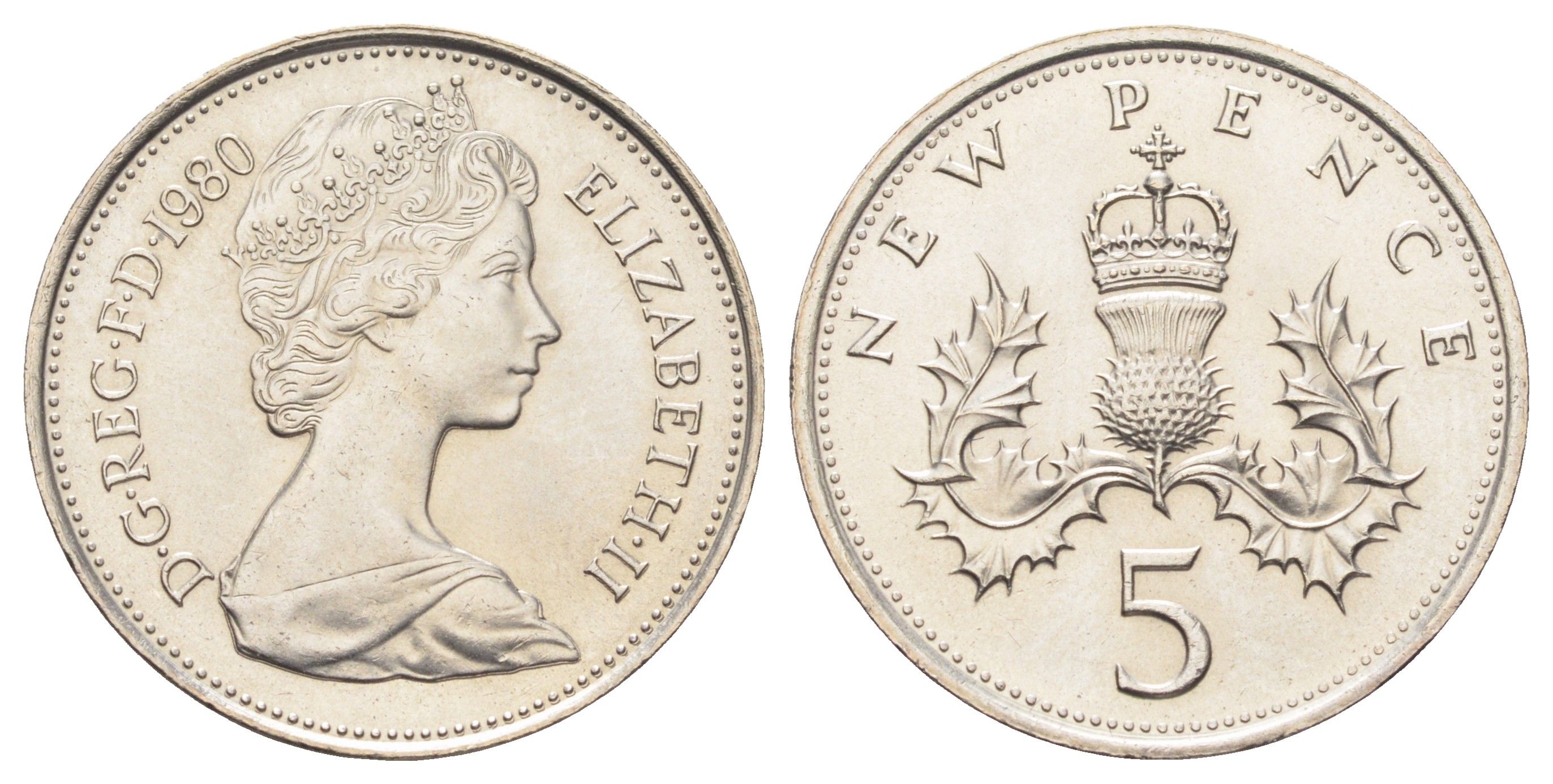 Великобритания 5 пенсов 1980 Елизавета II (1952-2022) KM 911, Spink 4233 (D1) медно-никель UNC 4698-1024