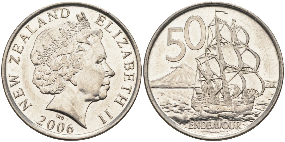 Новая Зеландия 50 центов 2006 Елизавета II (1952-2022), парусник Индевор KM 119а никелированная сталь 4579-1054