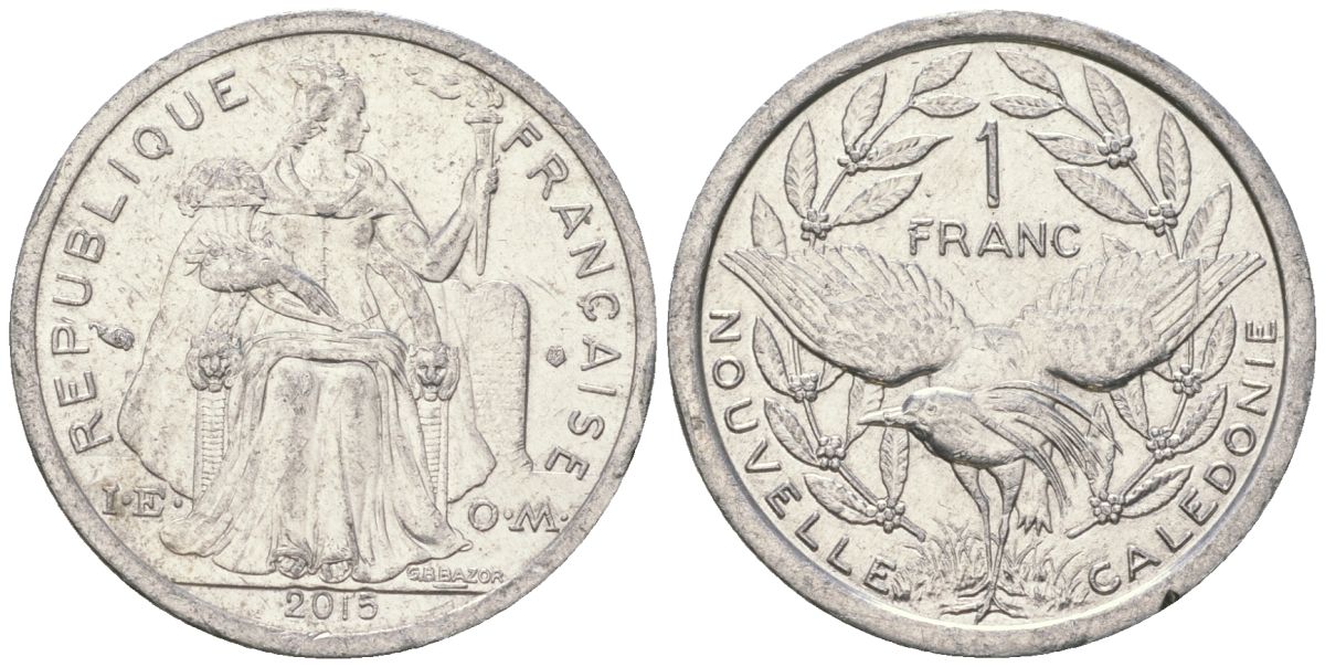 Французская Новая Каледония 1 франк 2015 птица кагу, (IEOM) KM 10, Schoen 10 алюминий 33-745