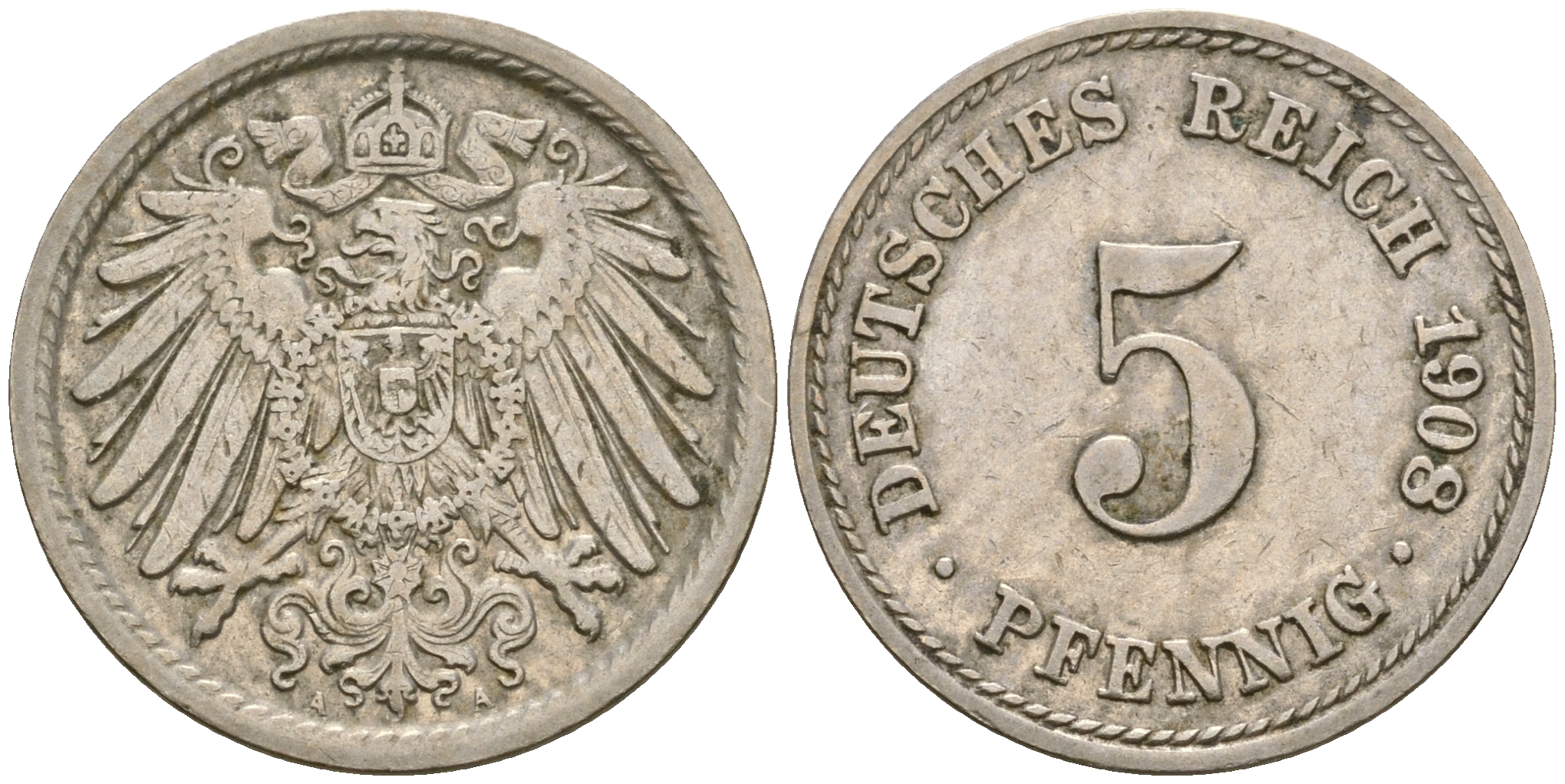 Германия 5 пфеннигов 1907 A, KM 11, J. 12 медно-никель 4364-4516