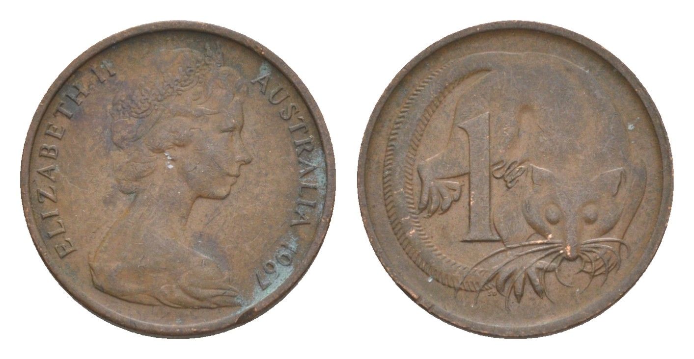 Австралия 1 цент 1967 Елизавета II (1952-2022), молодой портрет, опоссум KM 62 бронза 4585-155
