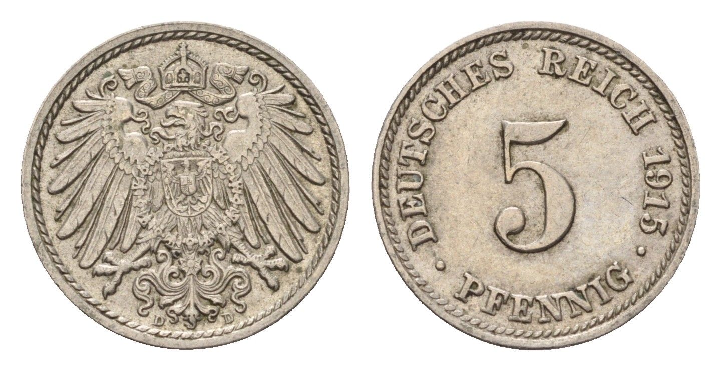 Германия 5 пфеннигов 1915 D, Вильгельм II (1888-1918) KM 11, J. 12 медно-никель 4636-337