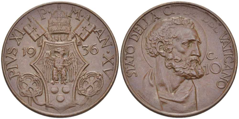 ВАТИКАН 10 ЧЕНТЕЗИМО 1936 ГОД XV, ПАПА ПИЙ XI (1922-1939), СВЯТОЙ ПЕТР KM 2 бронза XF 3896-1614