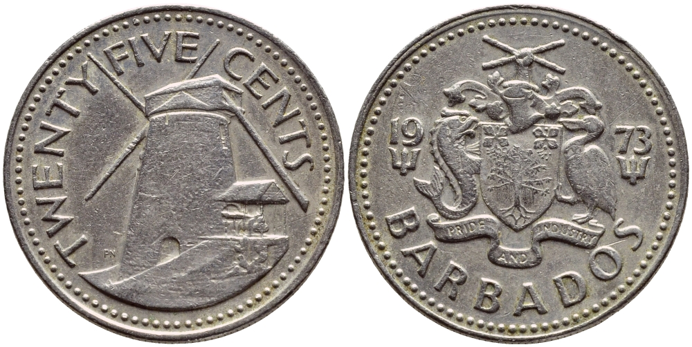 Барбадос 25 центов 1973 ветряная мельница Моргана Льюиса KM 13 медно-никель 4398-316