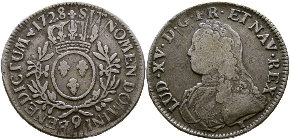 Франция 1 экю 1728 9, Людовик XV KM 486.26 (С42,27) серебро 603-1344
