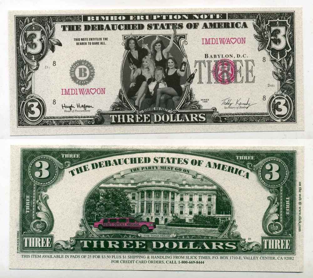 США 3 ДОЛЛАРА 1998 СУВЕНИРНАЯ БАНКНОТА, РАЗГУЛЬНЫЕ ШТАТЫ АМЕРИКИ, ВЕЧЕРИНКИ БИЛА КЛИНТОНА бумага UNC (ПРЕСС) 8588-69-4-2