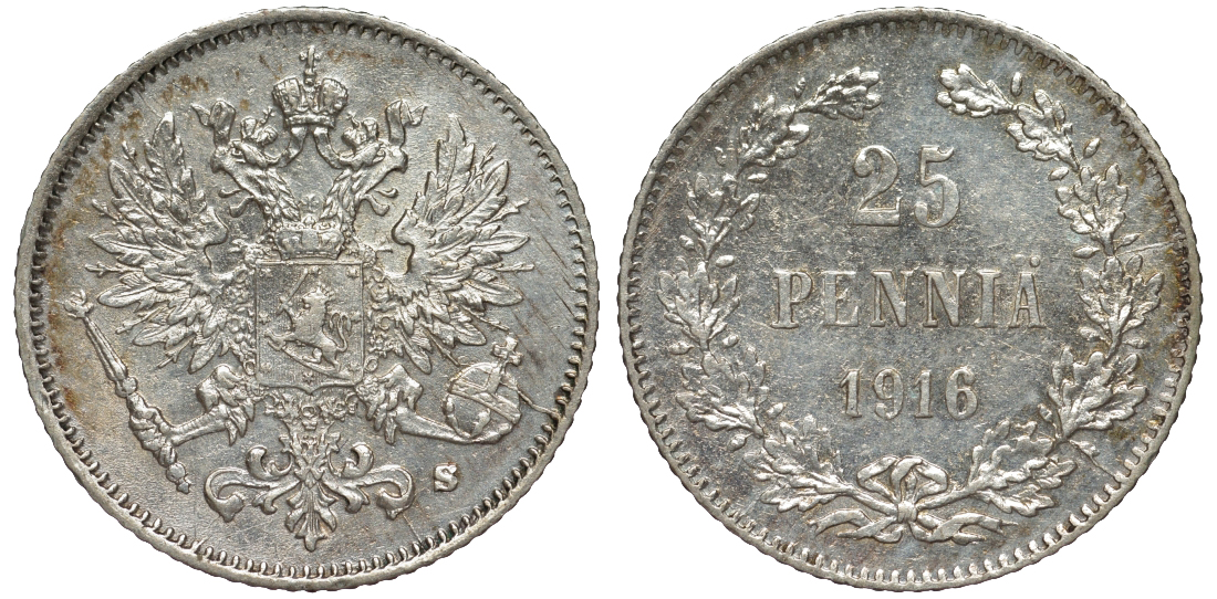 Россия для Финляндии 25 пенни 1916 S, Николай II (1894-1917) KM 6.2, Биткин 421 серебро 75-1261