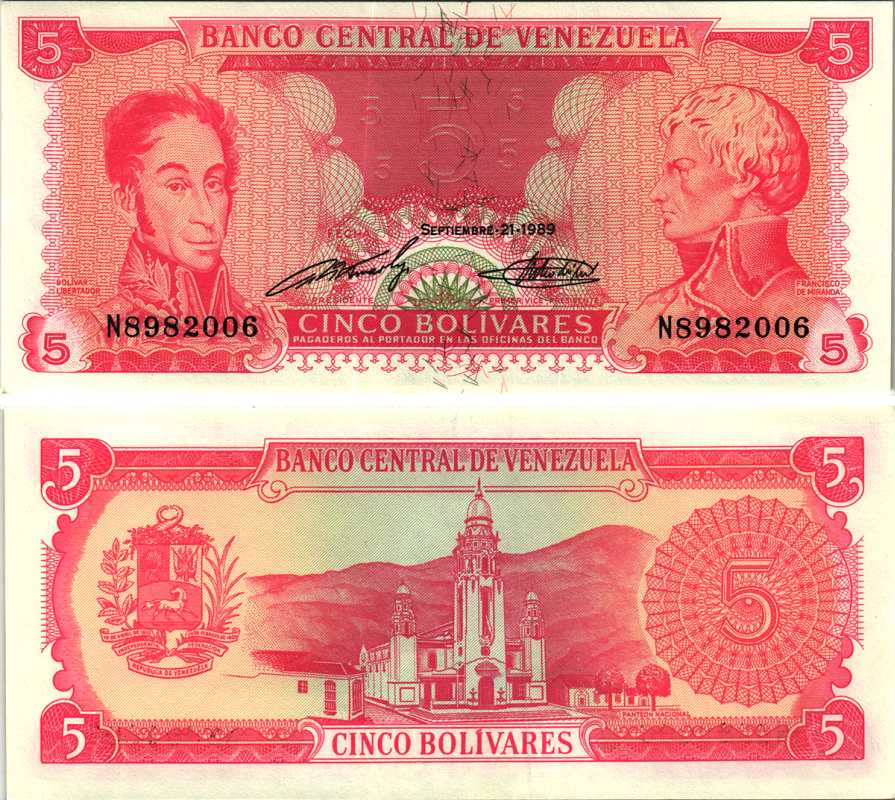 Венесуэла 5 боливаров 1989 21 СЕНТЯБРЯ 1989 Pick 70b бумага UNC (пресс) 7205-42-2-2