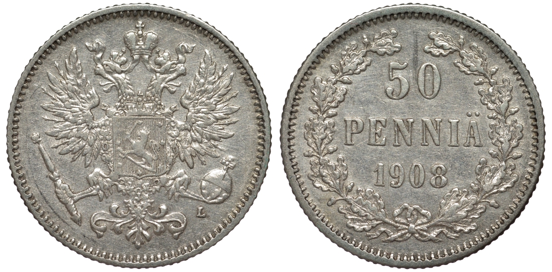 Россия для Финляндии 50 пенни 1908 L, Николай II (1894-1917) КМ 2.2, Биткин 403 серебро 75-836