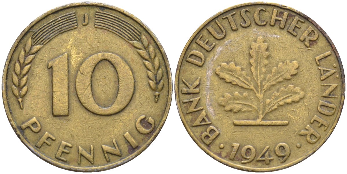 ФРГ 10 пфеннигов 1949 J KM 103, J. 378 сталь плакированная латунью 4132-1151