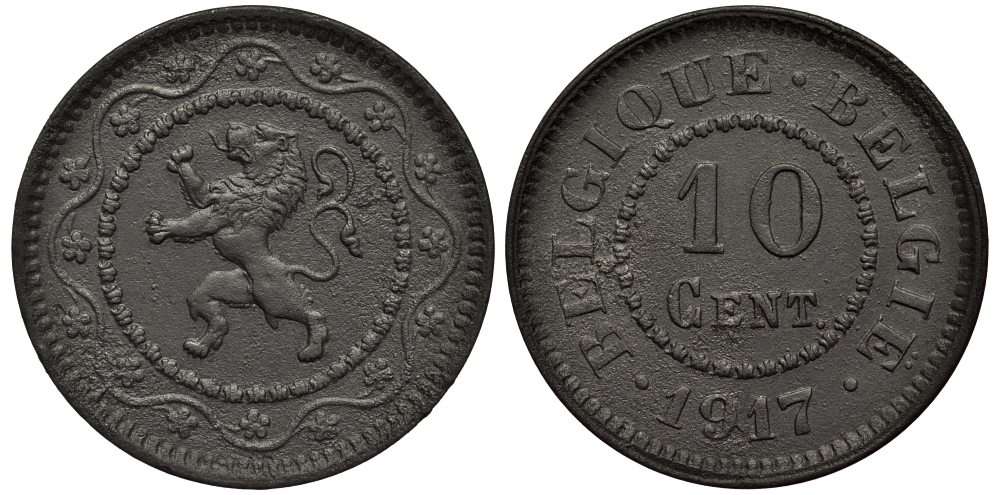 БЕЛЬГИЯ 10 САНТИМОВ 1917 BELGIQUE-BELGIE KM 81 цинк 4127-823