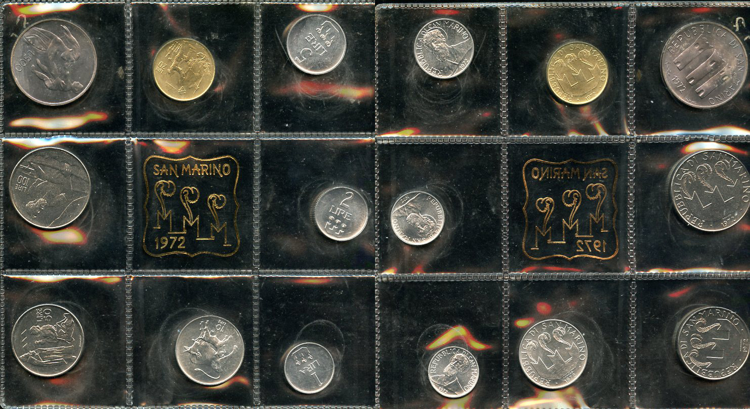 Сан-Марино годовой набор из 8 монет 1972 1, 2, 5, 10, 20, 50, 100 и 500 лир мать поднимает ребенка в воздух KM 14-21, в оригинальной пластиковой запайке серебро KM MS1 серебро UNC 1-5-2-27