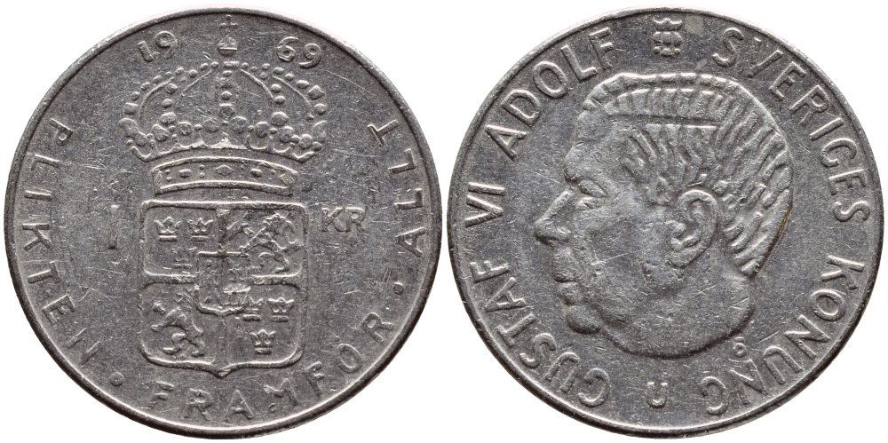 Швеция 1 крона 1969 Густав VI Адольф (1950-1973) KM 826a медь плакированная медно-никелем 4388-721