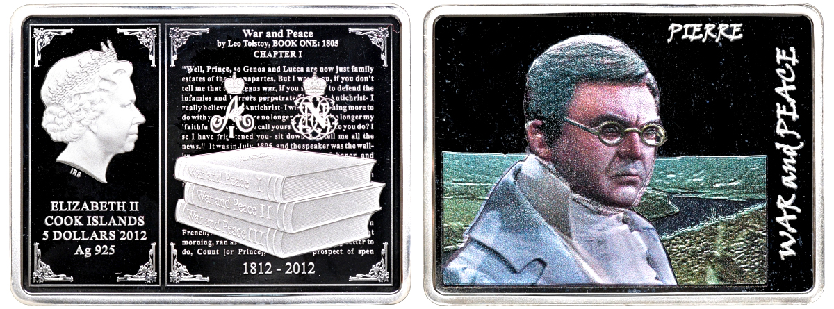 Острова Кука 5 долларов 2012 Лев Толстой, роман "Война и мир", Пьер Безухов, цветная эмаль KM NEW серебро PROOF 01-084-43