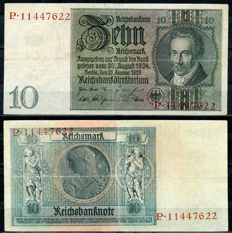 Германия 10 рейхсмарок 1929 Альбрехт Д. Тэер, буква B, серия P Pick 180 a, Ros. 173е  бумага   8613-40-2-1