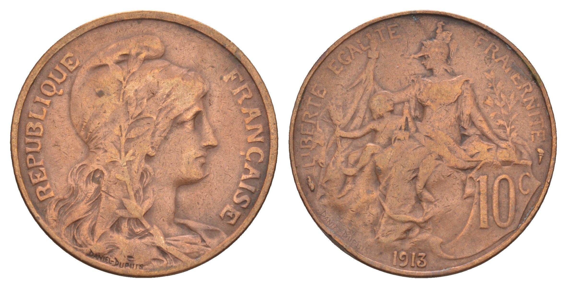 Франция 10 сантимов 1913 тип Даниэль Дюпюи KM 843, Le Franc?136/22 бронза 4657-545