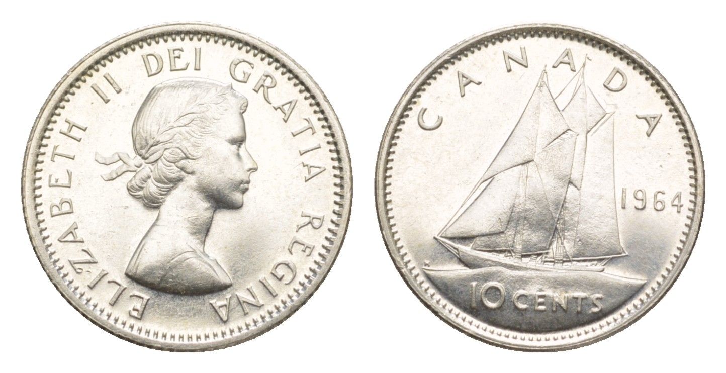 Канада 10 центов 1964 Елизавета II (1952-2022), парусник KM 51 серебро aUNC 4639-613