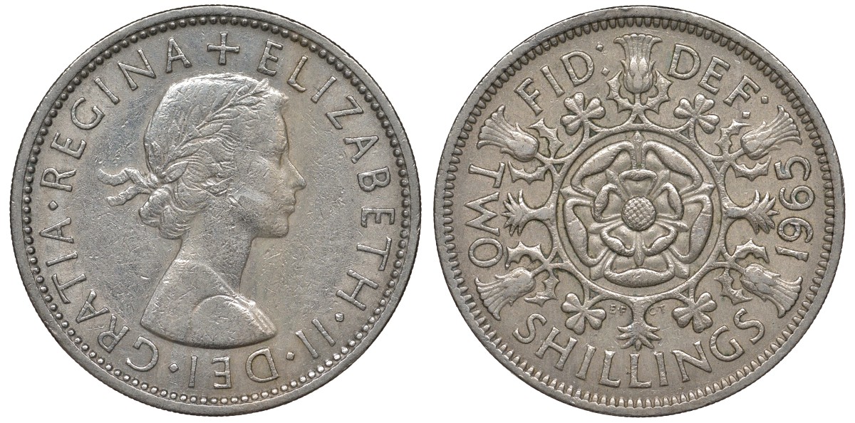 Великобритания 2 шиллинга (флорин) 1965 Елизавета II (1952-2022) KM 906, Spink 4146 медно-никель 4131-546