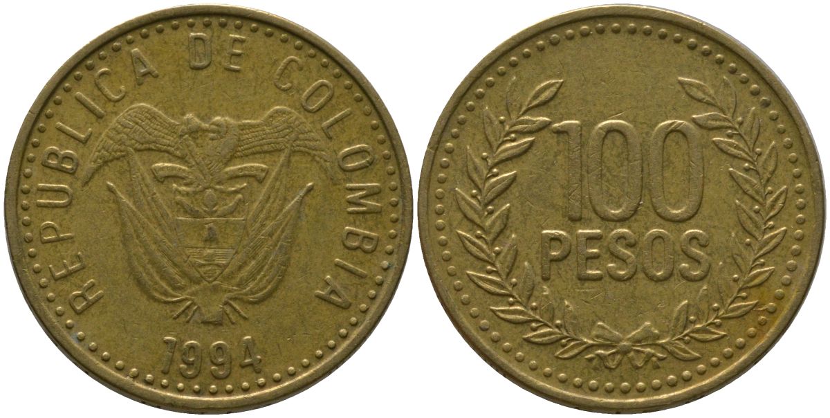 Колумбия 100 песо 1994 KM 285.1, Restrepo 445.3 латунь 4538-1243