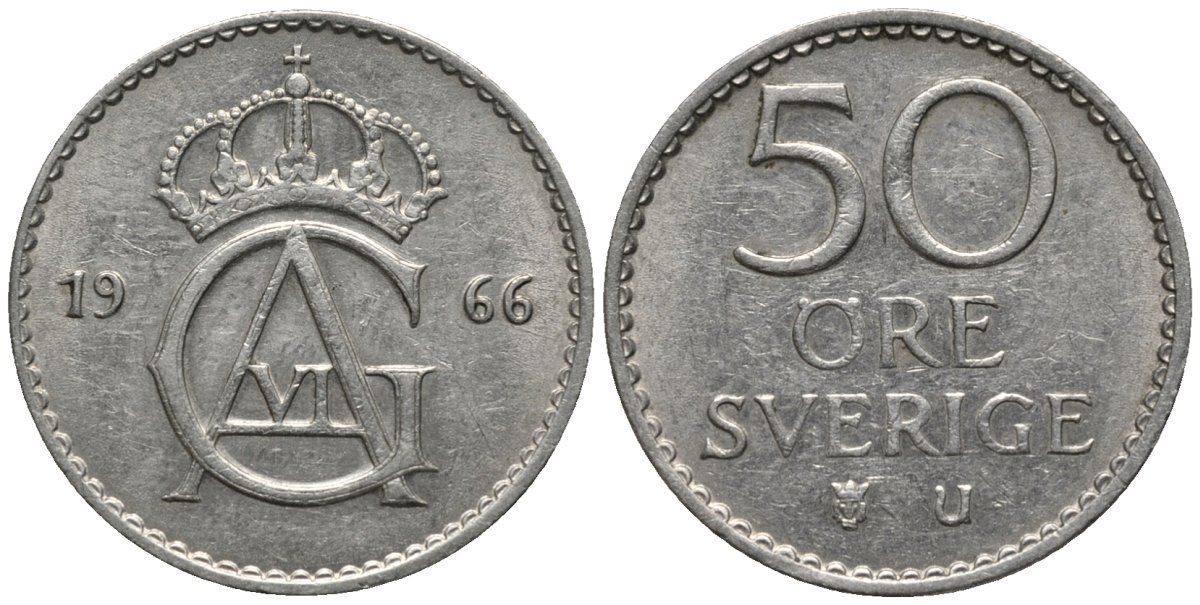 Швеция 50 эре 1966 U, Густав VI Адольф (1950-1973) KM 837 медно-никель 4577-756