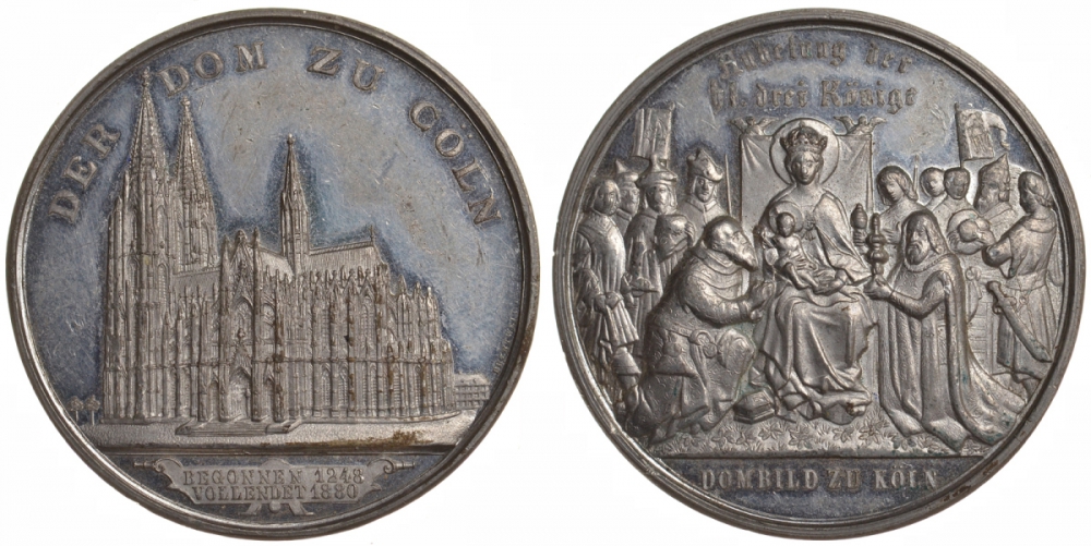 ГЕРМАНИЯ МЕДАЛЬ 19 век АВЕРС: ПОКЛОНЕНИЕ ТРЕХ ВОЛХВОВ, РЕВЕРС: КЕЛЬНСКИЙ СОБОР, ЗАЛОЖЕН 1248, СТРОИТЕЛЬСТВО ЗАВЕРШЕНО 1880, диаметр 51 мм, вес 44,4 гр. Weiler 2680 олово 1082-10-11