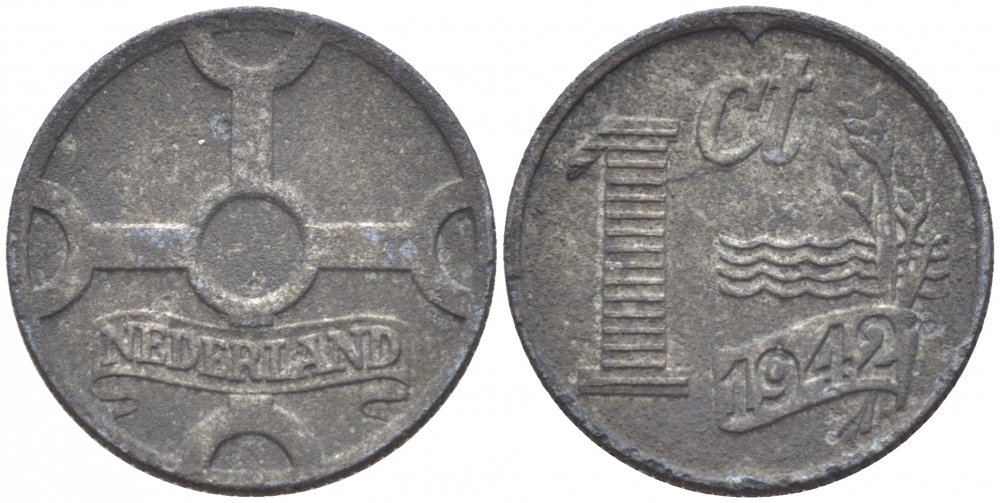 НИДЕРЛАНДЫ 1 ЦЕНТ 1942 ВИЛЬГЕЛЬМИНА (1890-1948) KM 170 цинк 214-741