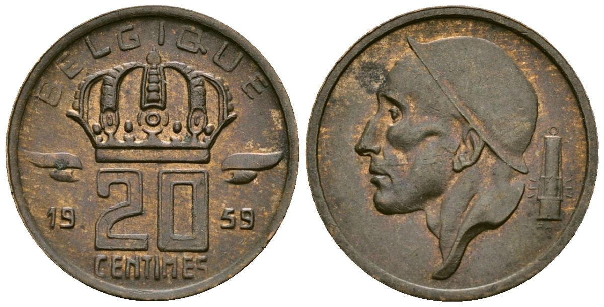 Бельгия 20 сантимов 1959 KM 146 бронза 4164-1036