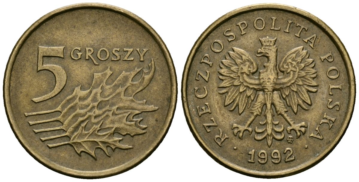 Польша 5 грошей 1992 MW KM 278 латунь 4136-769