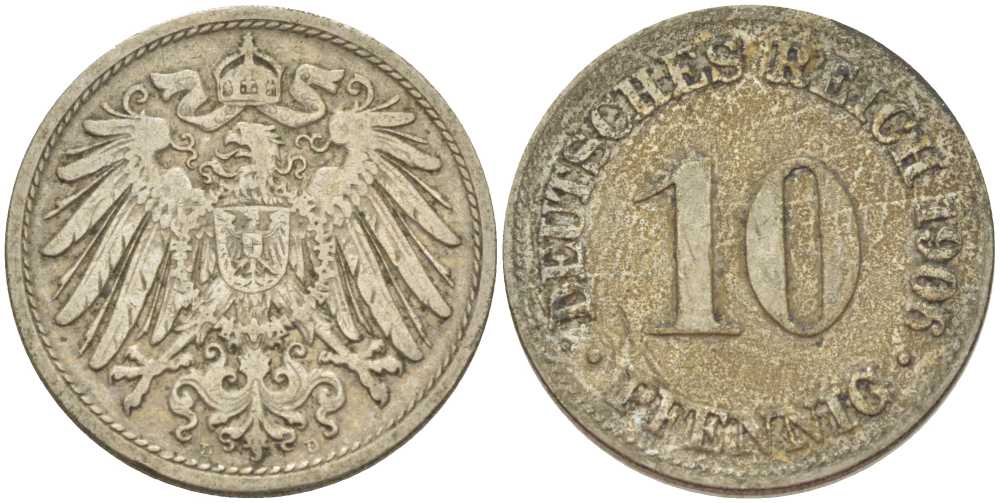 Германия 10 пфеннигов 1906 D KM 12, J. 13, Weege 8 медно-никель 259-912