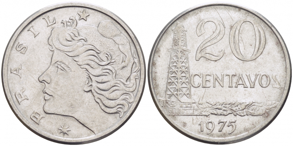 Бразилия 20 сентаво 1975 голова свободы влево KM 579.1a, Schon 84b нержавеющая сталь 3718-612