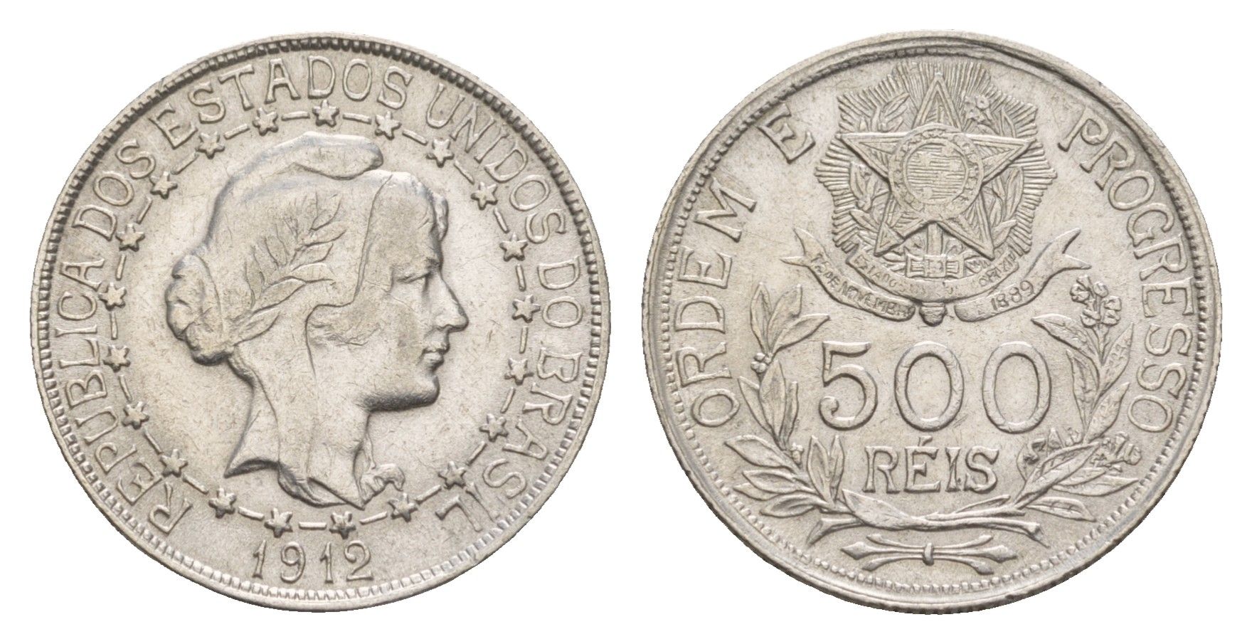 Бразилия 500 реалов (рейсов) 1912 год-тип KM 509 серебро 1519-1513