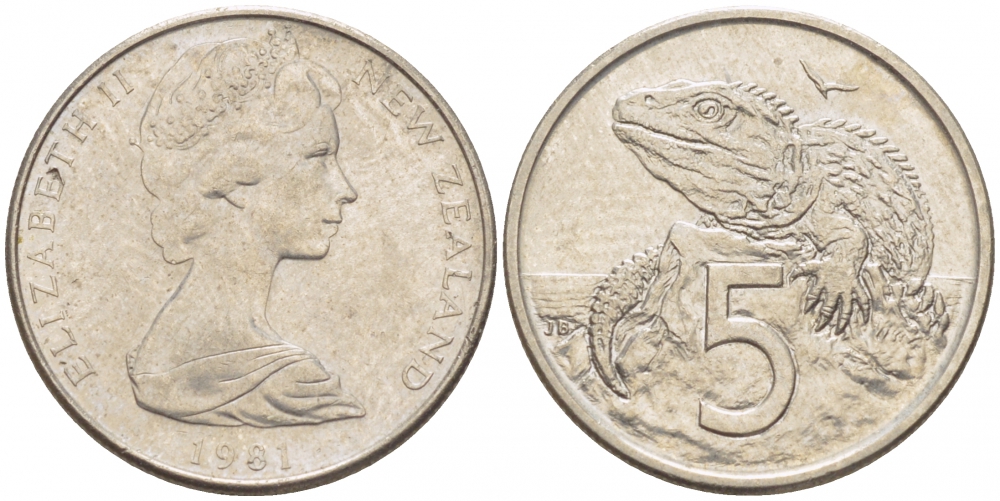 Новая Зеландия 5 ЦЕНТОВ 1981 ТУАТАРА, ТРЕХГЛАЗАЯ ЯЩЕРИЦА ОТРЯДА КЛЮВОГОЛОВЫХ, ЕЛИЗАВЕТА II KM 34.1 медно-никель 214-854
