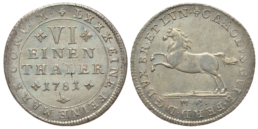 Брауншвейг-Вольфенбюттель 1/6 талера 1781 МС, вес 5,09 гр., КМ 1001 серебро 413-823
