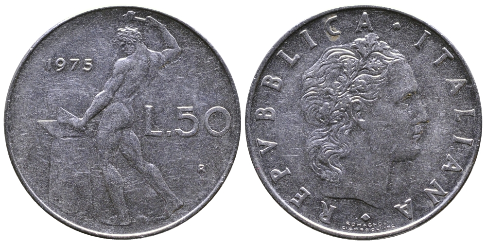 ИТАЛИЯ 50 ЛИР 1975 R, БОГ ОГНЯ ВУЛКАН У НАКОВАЛЬНИ KM 95.1 нержавеющая сталь 3333-131