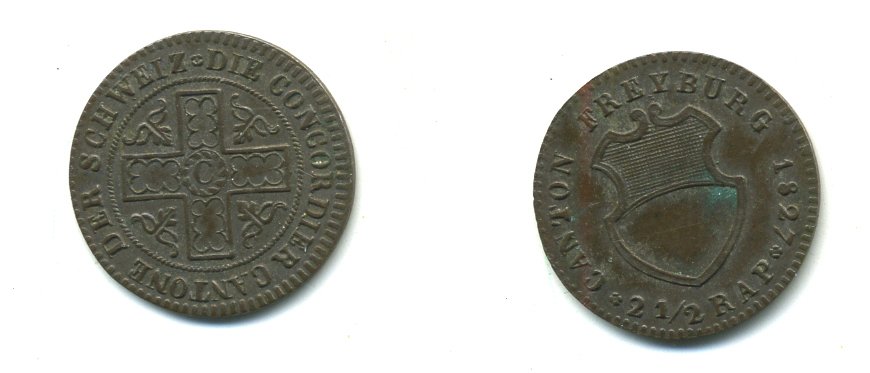 ШВЕЙЦАРИЯ КАНТОН ШРАЙБУРГ 2 1/2 РАППЕНА 1827 KM 81 серебро 54-529
