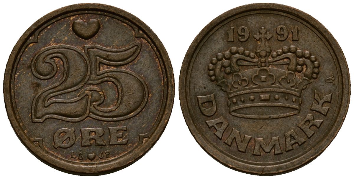 Дания 25 эре 1991 Маргрете II (1972- ) KM 868 бронза 4173-751