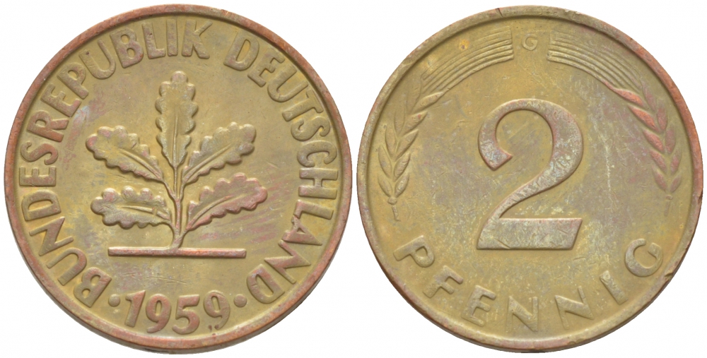 ФРГ 2 ПФЕННИГА 1959 G KM 106, J. 381 бронза 3718-356