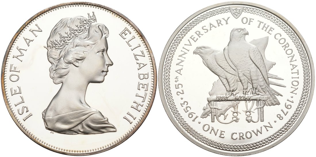 Остров Мэн 1 крона 1978 25 лет коронации королевы Елизаветы II, соколы, в оригинальной коробке, с сертификатом KM 43а серебро PROOF 3-4-4-19