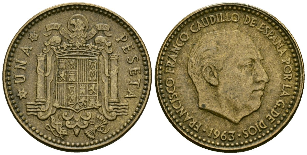 Испания 1 песета 1963 (65) Франсиско Франко (1939-1975) KM 775 алюминиевая бронза 27-1214