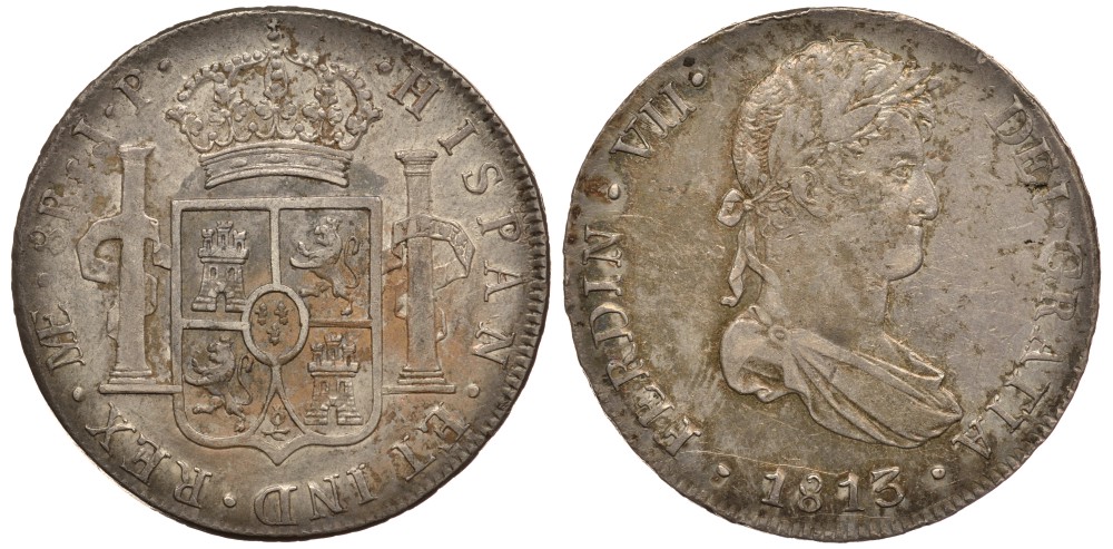 Перу 8 реалов 1813 JP, монетный двор ME (Лима), Фердинанд VII Испанский (1808-1821) KM 117.1 серебро 00-802-05