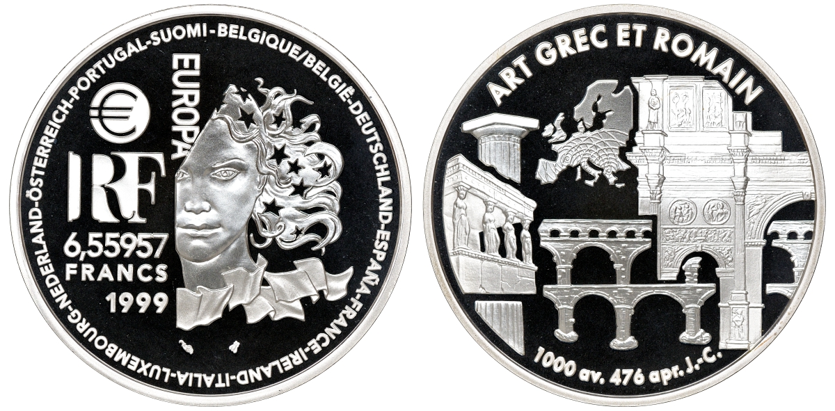 Франция 1 евро = 6,55957 франков 2000 греко-романский стиль в архитектуре (1000 до н.э.- 476 н.э.) в коробке с сертификатом KM 1244 серебро PROOF 4-3-3-13