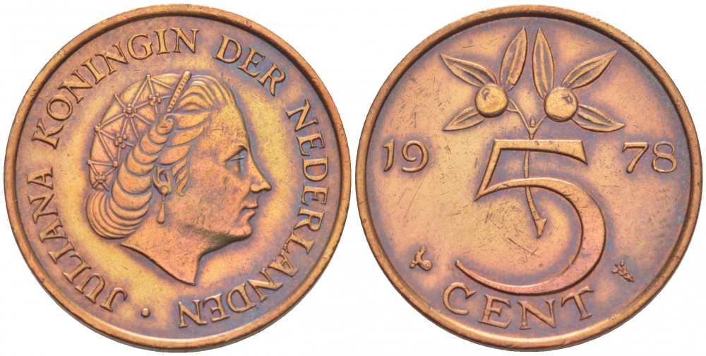 НИДЕРЛАНДЫ 5 ЦЕНТОВ 1978 ЮЛИАНА KM 181 бронза 3856-1045