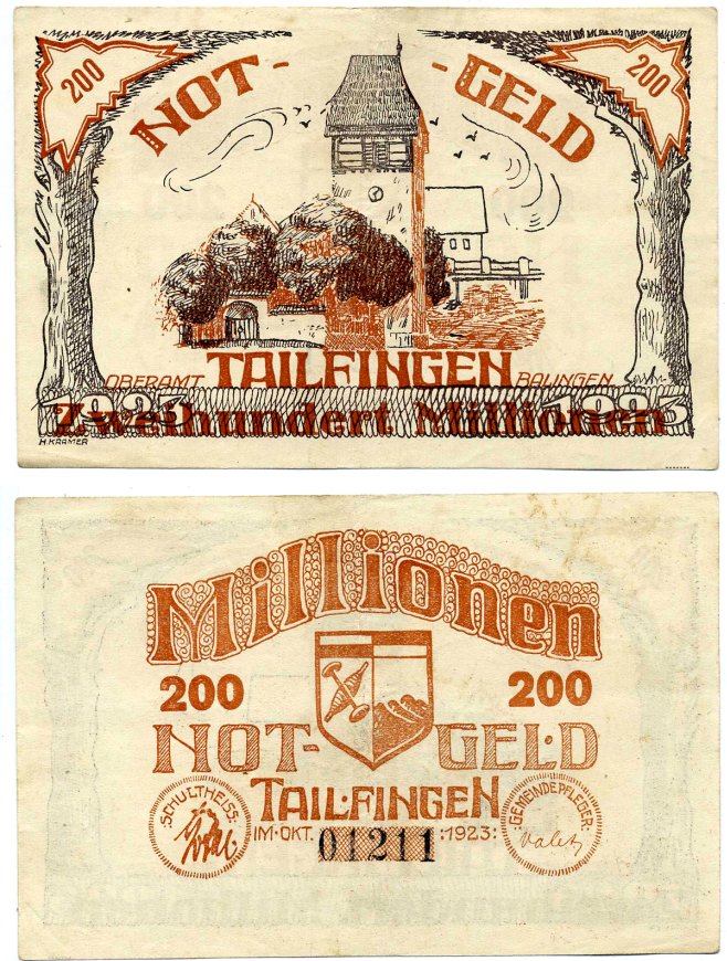 ТАИЛФИНГЕН 200000000 марок (200 миллионов) 1923 ОКТЯБРЬ 1923, нотгельд, земля Keller 5119а бумага 2193-29-2-1