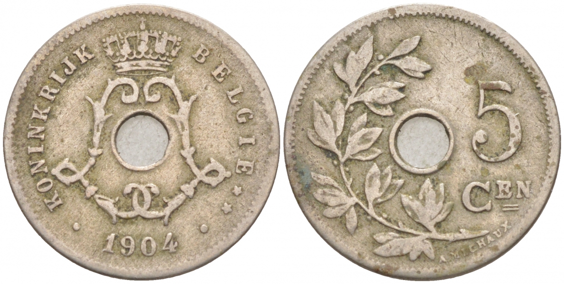 БЕЛЬГИЯ 5 САНТИМОВ 1904 BELGIE KM 55 медно-никель 100-833