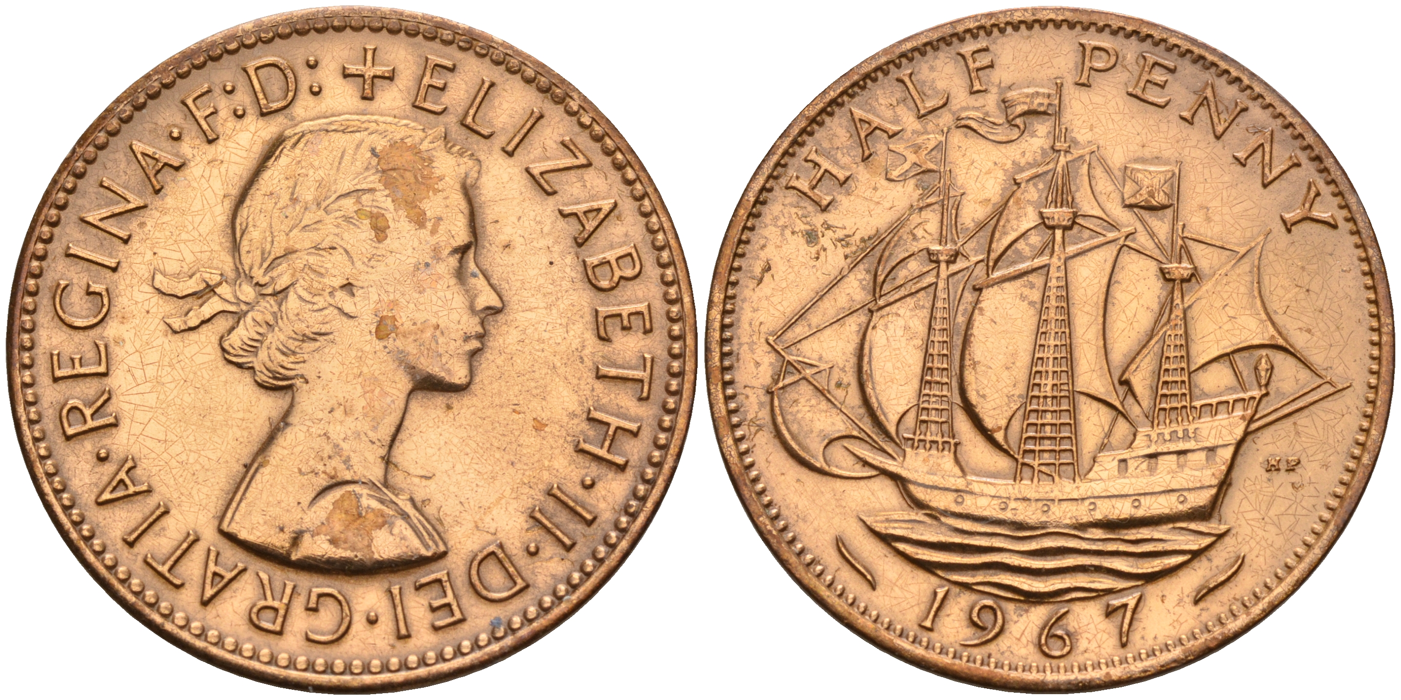 Великобритания 1/2 пенни 1967 Елизавета II (1952-2022) KM 896, Spink 4158 бронза    4153-331