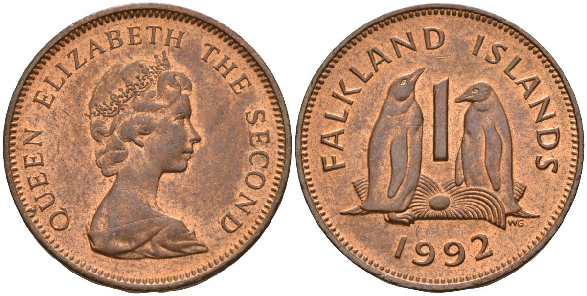 Фолклендские острова 1 пенни 1992 Елизавета II (1952-2022), папуанский пингвин KM 2 бронза 4158-258