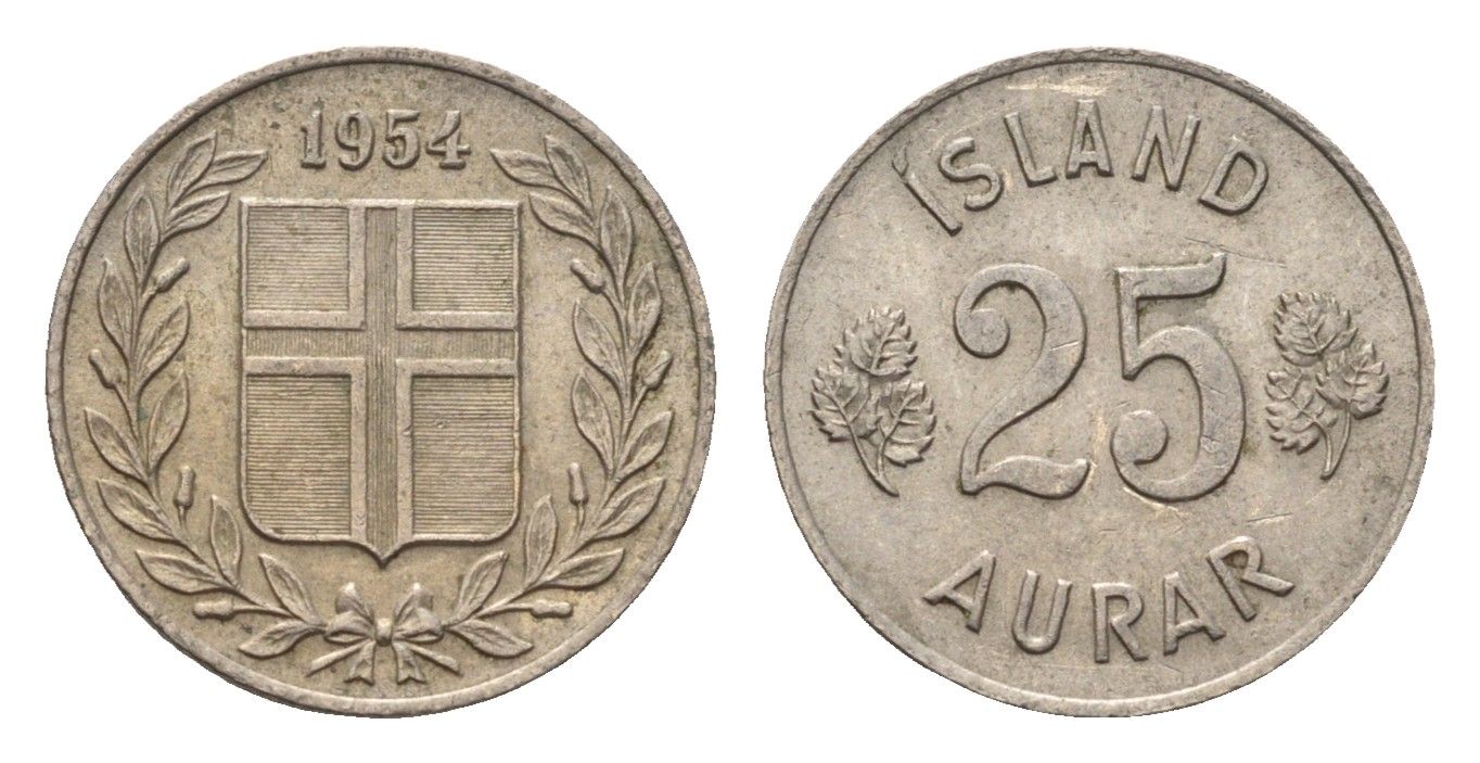 Исландия 25 эйре 1954 KM 11 медно-никель 4696-324