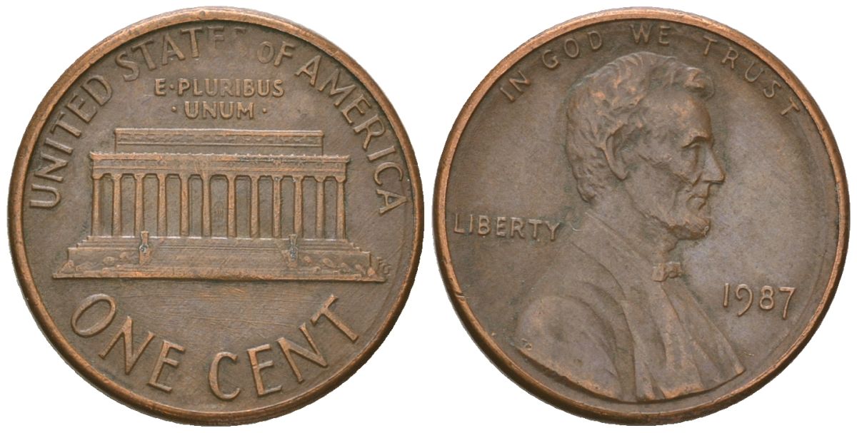 США 1 цент 1987 Линкольн KM 201b цинк плкированный медью 4549-719