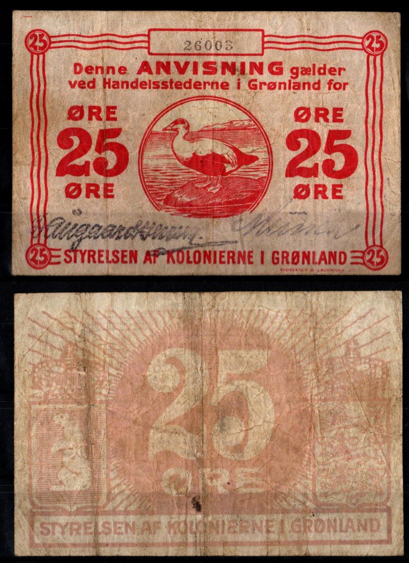 Гренландия 25 эре ND (1913) Гагачья утка Pick 11 a бумага 451-411-2