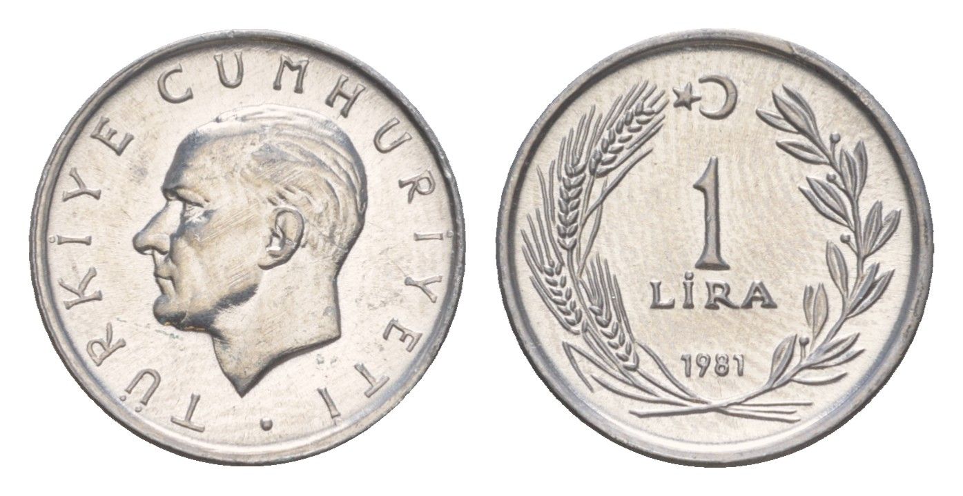 Турция 1 лира 1981 год-тип KM 943 алюминий UNC 4651-834